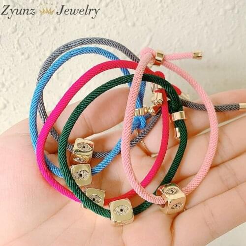 10PCS, Gold color CZ paved eye Dice Beads Cord Thread String Rope Bracelets Women Jewelry