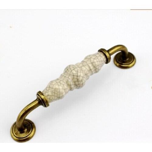 128mm Crack Ceramic kitchen Cabinet Pull Bronze Dresser Handle Antique Brass Drawer Wardrobe vintage furniture Handle knob 5"