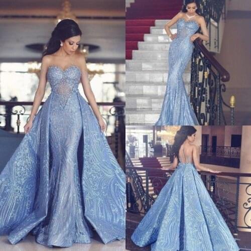 Arabic Mermaid Prom Dresses With Detachable Train Sheer Long Sleeve Dress Evening Wear Lace Appliqued Formal Party Dress