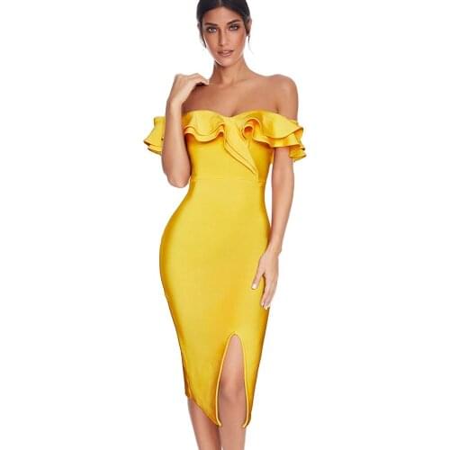 Ruffle Bandage Dress 2021 New Arrivals Summer Off Shoulder Yellow Bandage Dress Bodycon Celebrity Club Party Dresses Evening