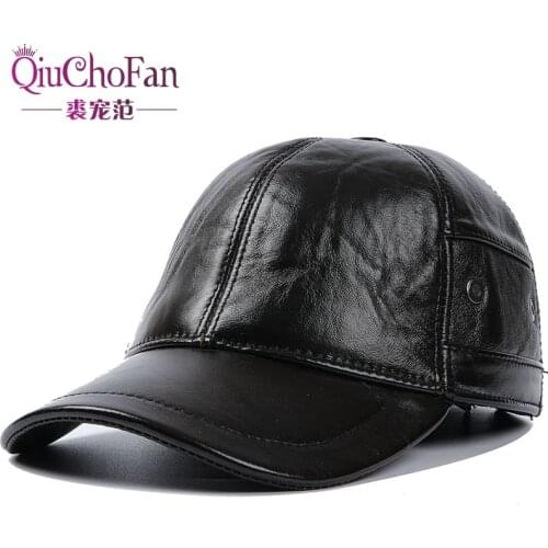 Men Real Cowhide Leather Earlap Caps Male Fall Winter 100% Real Cow Leather Hats New Casual Real Leather Outdoor Baseball Cap
