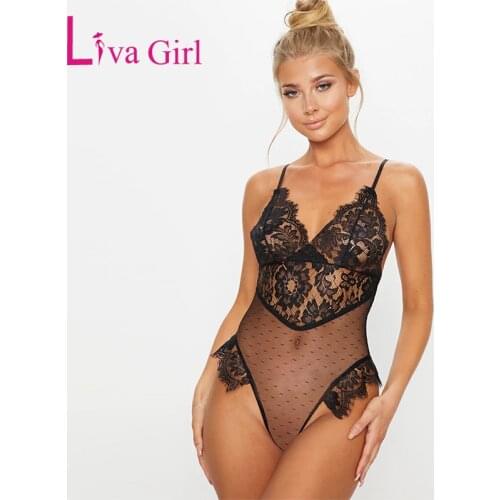 LIVA GIRL Black Floral Lace Bodysuit Women Sexy V-neck Sleeveless Sheer Polka Dot Mesh Bodysuits Skinny Female Clothes Body Tops