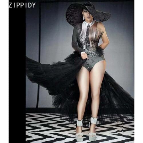 Necktie Pattern Black Mesh Tail Rhinestone One Sleeve Bodysuit Prom Club Show Birthday Outfit Women Dance Costume