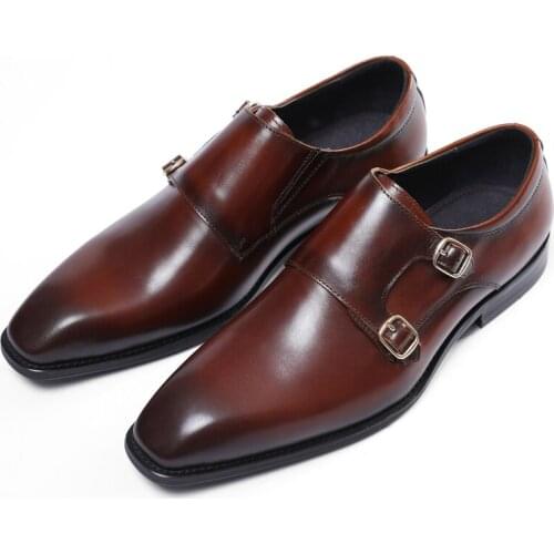 Double Monk Shoes Black / Deep Brown Pointed Toe Prom Shoes Boys Dress Shoes Genuine Leather Wedding Shoes Male Business Shoes
