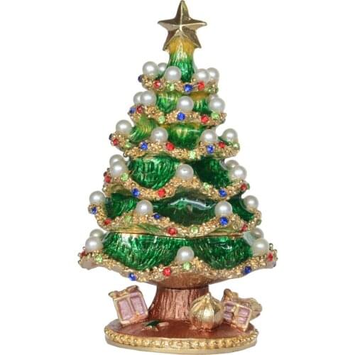Enameled Hand Painted Pearl and Crystal Inlaid Christmas Tree Trinket Jewelry Box X'mas Gift Decoration