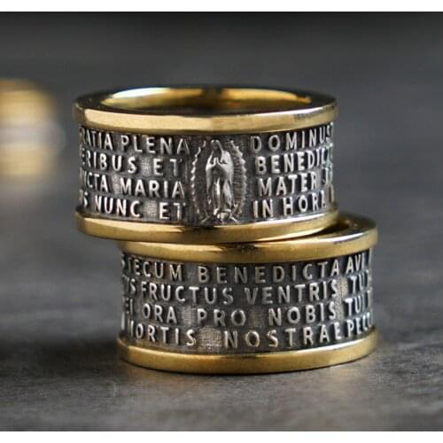 Catholic virgin Mary Scripture silver inlaid copper ring ins fashion men custom single personality Ring