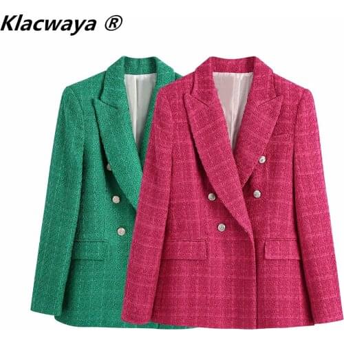Klacwaya 2021 Women Suit Jacket Tweed Blazer Women Jacket Plaid Checkered Blazer Vintage Female Double Breasted Textured Blazers
