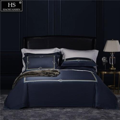Sapphire Blue Fabric Delicate Embroidery Stripes Pure Cotton 4Pieces Bedding Set Queen King Size Duvet Cover Pillowcase Bedsheet