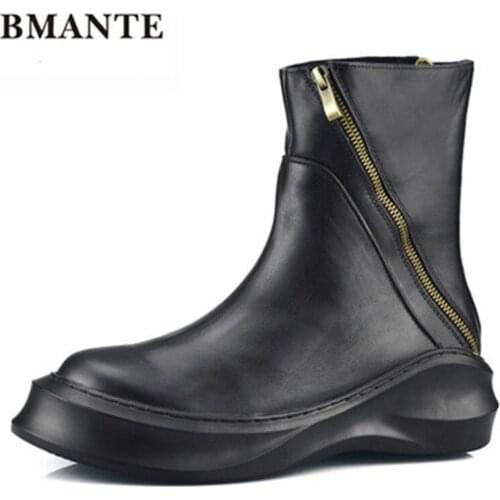 Bmante Genuine Leather Men Boots With Fur Trainers Solid Zipper Thick Bottom Male Adult Ankle Shoes Flatform High Street Sneaker