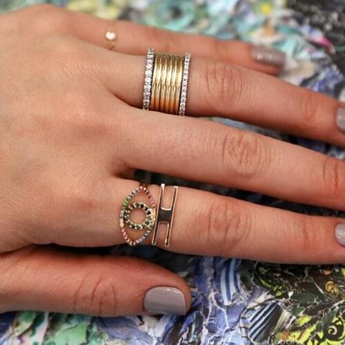 Set of 2 pieces Gold filled turkish lucky evil eye paved colorful cz fashion jewelry finger rings