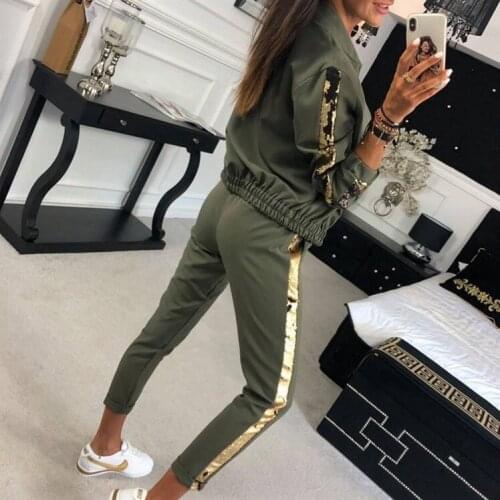 2021 Autumn Fashion Casual Sequin Splicing Coat Pants Sportswear Womens Wear