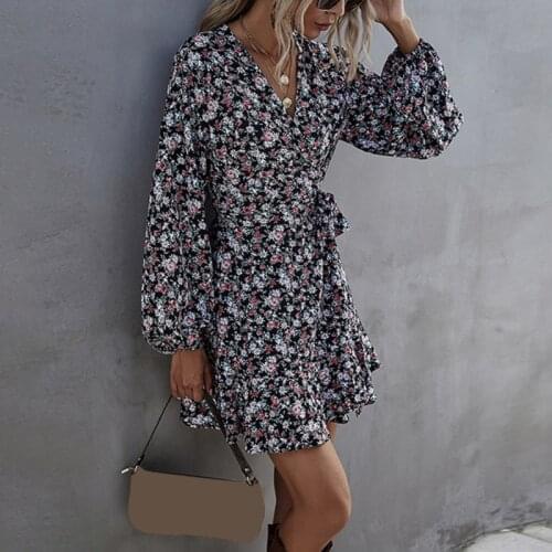 Autumn Short Print Dress Female Casual Lantern Sleeve Ruffles High Waist Floral Dress For Woman 2021 Summer Dress New
