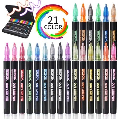 Outline Metallic Markers , 21 Colors Out Line Paint Permanent Marker Pens, Highlighter Marker Pen Double draw Doubleline Marker