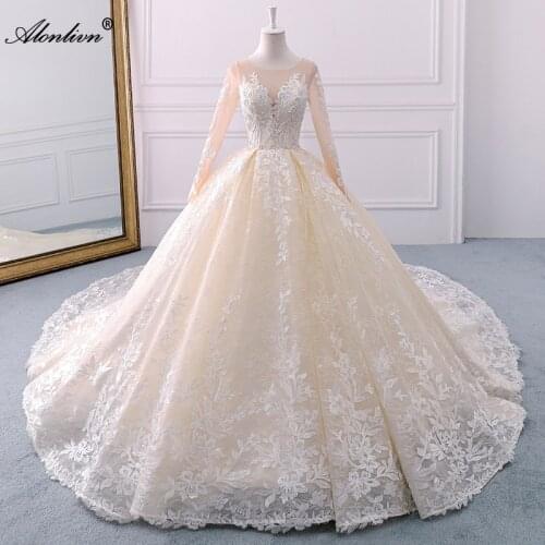 Alonlivn Real Photo Wedding Dresses Charming Appliques Lace Beading Pearls Full Sleeves Illusion Back Ball Gown Wedding Gowns