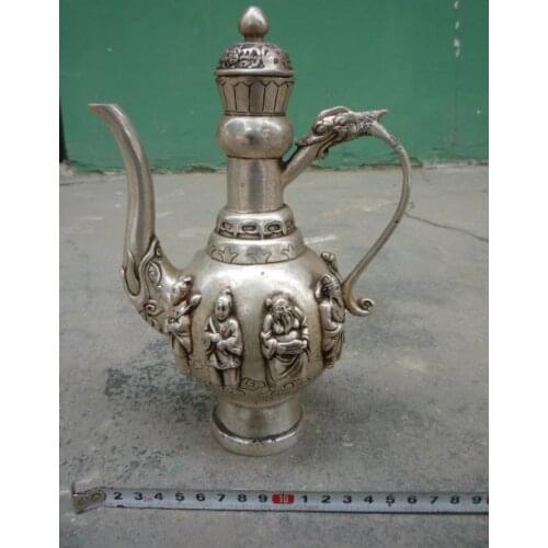 Rare old Qing Dynasty silver Flagon/Teapot,with carving and mark,Decoration,Free shipping