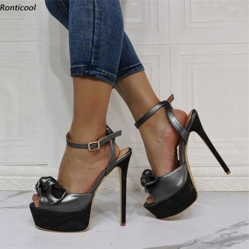 Ronticool Women Platform Sandals Ankle Strap Flower Stiletto Heel Peep Toe Gorgeous Gold Silver Grey Black Shoes US Size 5-20