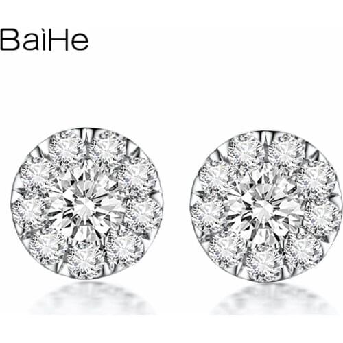 BAIHE Solid 18K White Gold 0.16CT H/SI Round Natural Diamonds Wedding Trendy Fine Jewelry round diamond Stud Earrings for Women