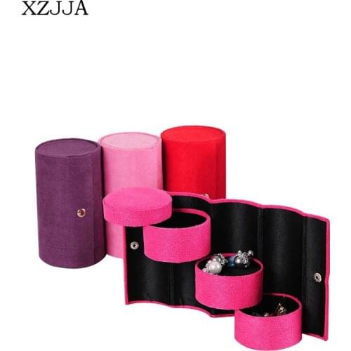 XZJJA Creative Rotating Three-Layer Storage Box Flannelette Cylinder Necklace Earrings Ring Organizers Portable Jewellery Bins