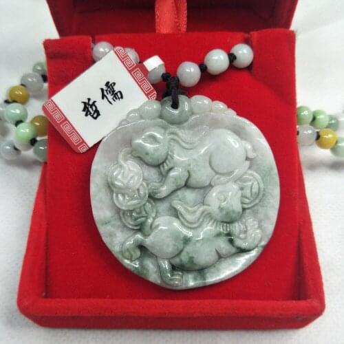Zhe Ru Jewelry Pure Natural Jadeite Carved Light Double Color Double Rabbit Pendant Tricolor Jade Pearl Necklace Send A Certific