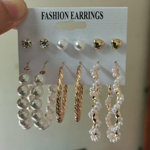 Korean Version Of Pearl Ear Hoop Earrings Combination Female Peach Heart Earrings Temperament Pearl 6 Pairs Of Plate Earrings