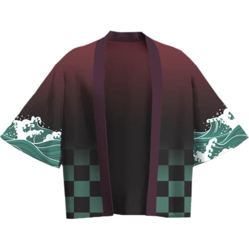 Anime Demon Slayer Kamado Tanjirou Cosplay Yarn Cloak Cape Kimono Cardigan Robe Costume Summer Print Casual Coat