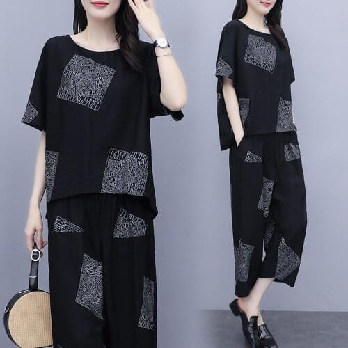 #0511 Two Piece Set Top And Wide Leg Pants Women Casual Loose 40% Cotton Tee Shirts Female Elastic Waist Trousers Black Summer