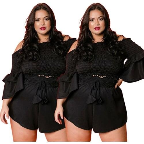 Plus Size 4XL Two Piece Sets Plus Size Sexy Night Club Outfits Off Shoulder Tops + Shorts Beach Two Piece Matching Sets