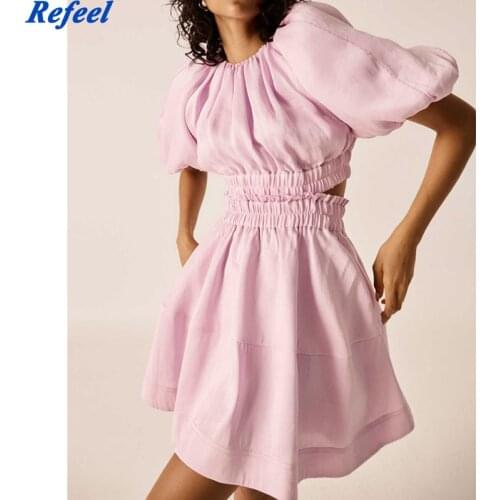 Pink Hollow Out Dress For Women O Neck Puff Short Sleeve Elastic High Waist Ruched Slim Casual Mini Dresses Female 2021 Tide