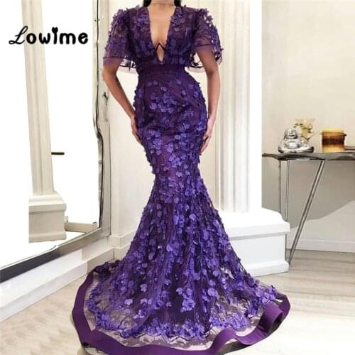 Purple Flower Mermaid Evening Dresses V Neck With Short Sleeves Wedding Party Dress 2019 Couture Long Prom Dresses Formal Gowns