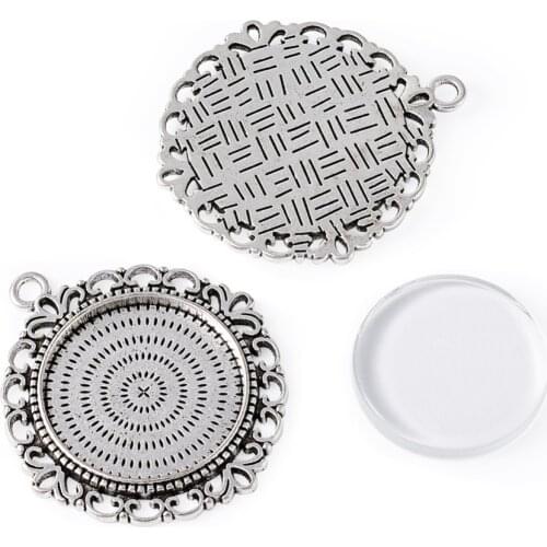 25mm Dome Transparent Glass Cabochons and Alloy Pendant Cabochon Settings for DIY Jewelry Pendant: 42x39mm, Hole: 3mm