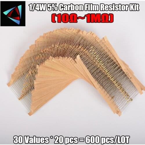 600pcs/set 30 Kinds 1/4W Resistance 5% Carbon Film Resistor Pack Assorted Kit 1K 10K 100K 220ohm 1M Resistors 300pcs/set