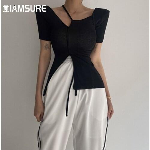 IAMSURE Asymmetrical Split T Shirt Women 2021 Summeer Sexy Slim See Through Short Sleeve Tees Elegant Fashion Patchwork Tops
