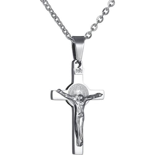 Silver Color Cross Pendant Jesus Necklace for Men Woman INRI Christian Religious Male Jewelry Stainless Steel Chain