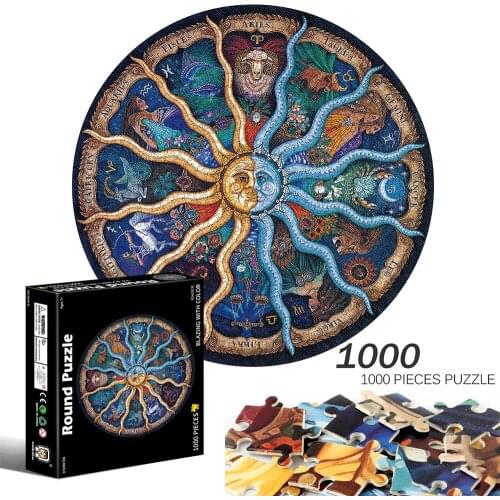 Wood Round Jigsaw Puzzles for Adults Kids Best Gifts DIY Wooden Puzzle 1000 Pieces of Twelve Constellations 3D Plane Puzzle Toy