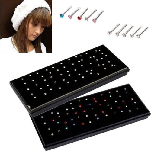 60pcs/lot Surgical Steel Nose Button Stud 1.8mm Women Fashion Clear Rhinestone Straight Nose Ring Body Piercing Jewelry Bijoux
