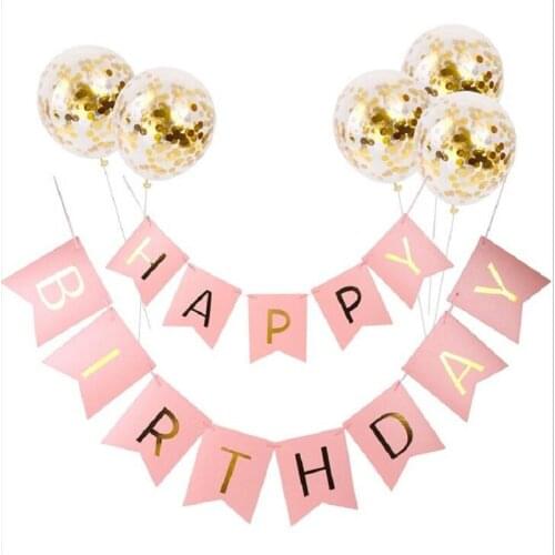 5 round balloons+happy birthday with golden letters sequins and birthday happy letter pull banner fish tail hanging flag