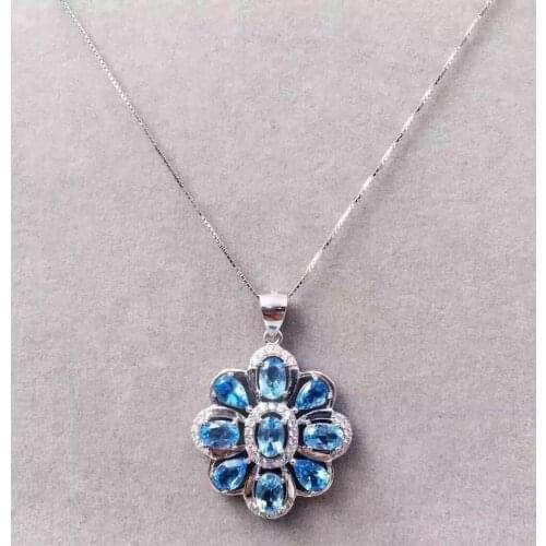 Natural blue topaz pendant S925 silver Natural gemstone Pendant Necklace trendy Luxury big round Circle women gril jewelry