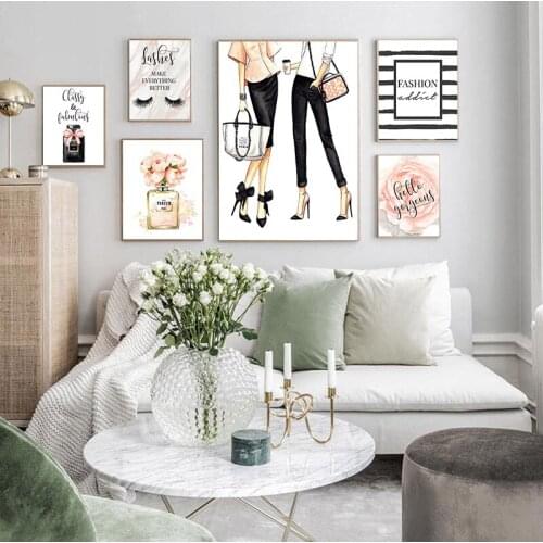 Fashion Blush Pink Wall Art Perfume Prints Canvas Painting Gift for Her Lash Wall Picture Modern Girls Bedroom Decor