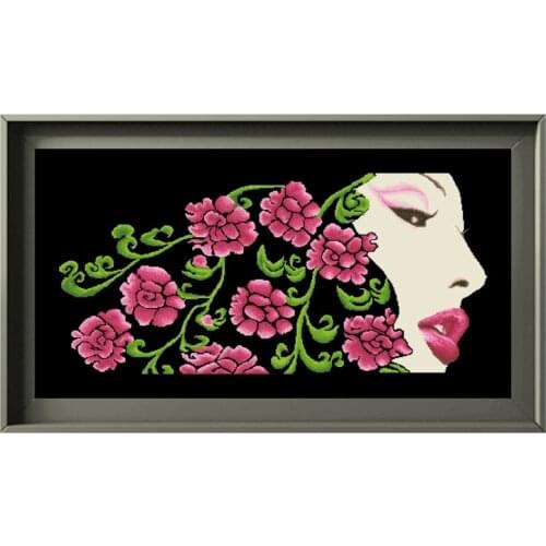 The rose woman cross stitch kit flower Dreampattern 18ct 14ct 11ct black canvas embroidery DIY needlework wall decor