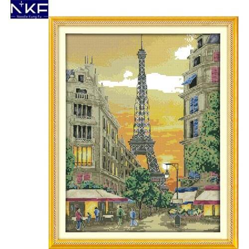 NKF The Iron Tower with Sunset Cross Stitch Pattern DIY Kit Needlework Embroidery Sets Chinese Cross Stitch for Home Decor