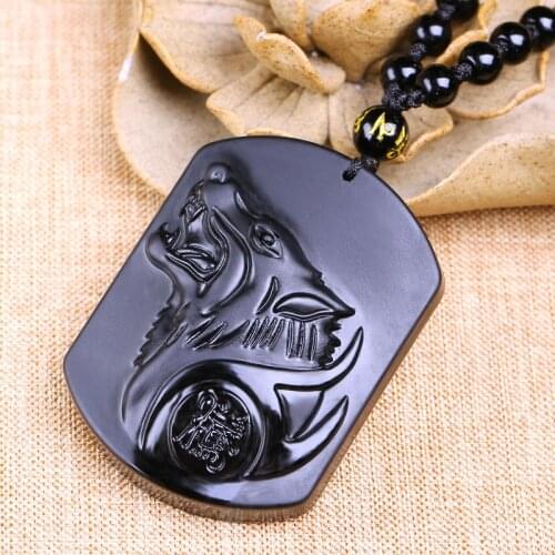 WENDYFO New Arrive Natural Obsidian Wolf Head Necklaces Pendnats For Men Women