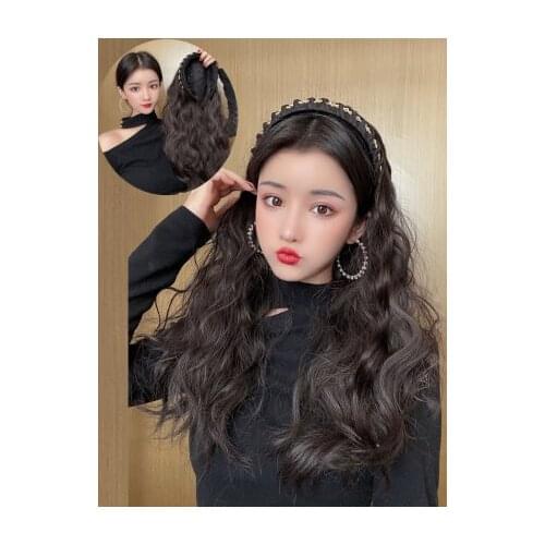 Headband Wig for Black Women Water Wavy Half Wig Synthetic Curly Headrap Wig Turban Wigs with Hairband Attached Natural Looking