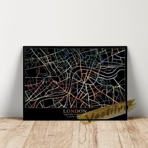 World Map Poster, London Geography Location Wall Decor, Black Background Colour Line Wall Art, Britain Capital Map Art Prints
