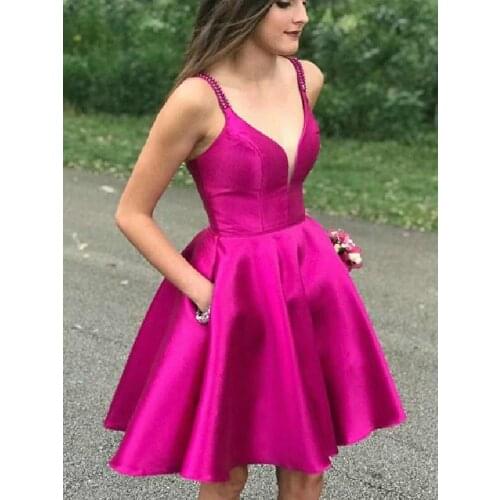 Simple Spaghetti Strap Satin Homecoming Dresses Short Knee-Length V-neck Sleeveless Open Back Prom Party Gown with Pockets