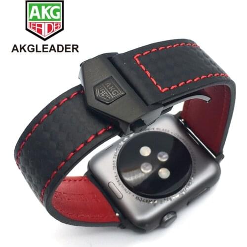 AKGLEADER Carbon Fiber Genuine Leather Watch Strap Band For Apple Watch Series 4 5 6 40mm 44mm Series 3 2 Wrist Bracelet 38/42mm
