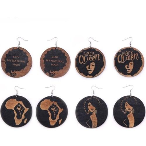 Natural Wood Africa Map Black Girl FLY Queen Letters Tribal Earrings Vintage African Wooden DIY Comb Afro Party Club Ear Jewelry