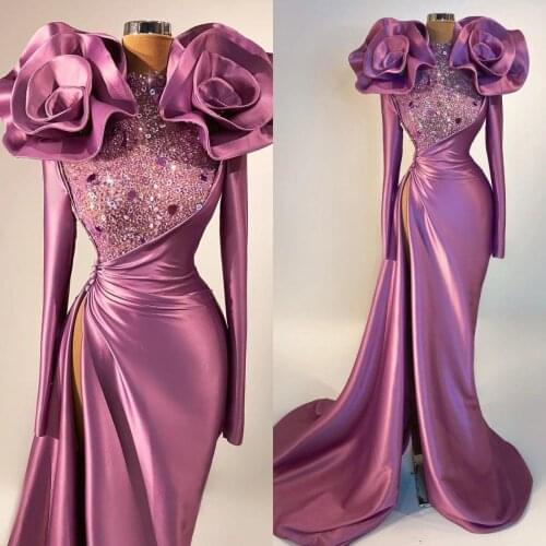 Light Lavender Satin Mermaid Prom Party Dresses Long Sleeves High Neck Top Sequins Front Split Plus Size Evening Occasion Gowns
