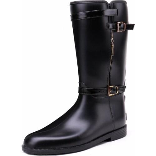 TONGPU Womens Mid-Calf Side Zipper Black Rain Boots 14-311