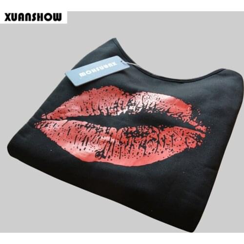 XUANSHOW Spring Women Sweatshirts Sexy Red Big Lips Printed Off Shoulder Long-Sleeved Edge Pullovers Hoodies Sudaderas Mujer