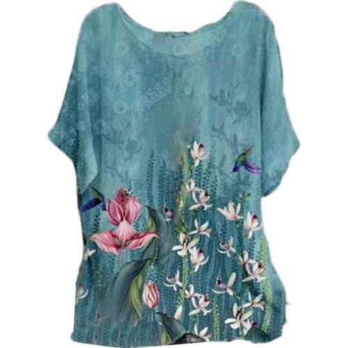 Summer Women T-shirt O Neck Floral Print Short Sleeve Loose Blouse Top for Daily Life